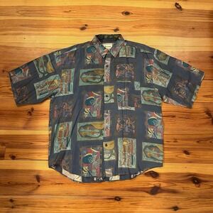 Vintage Bruno Silk Button Up Shirt Sz L Funky Abstract Art Pastel 80s